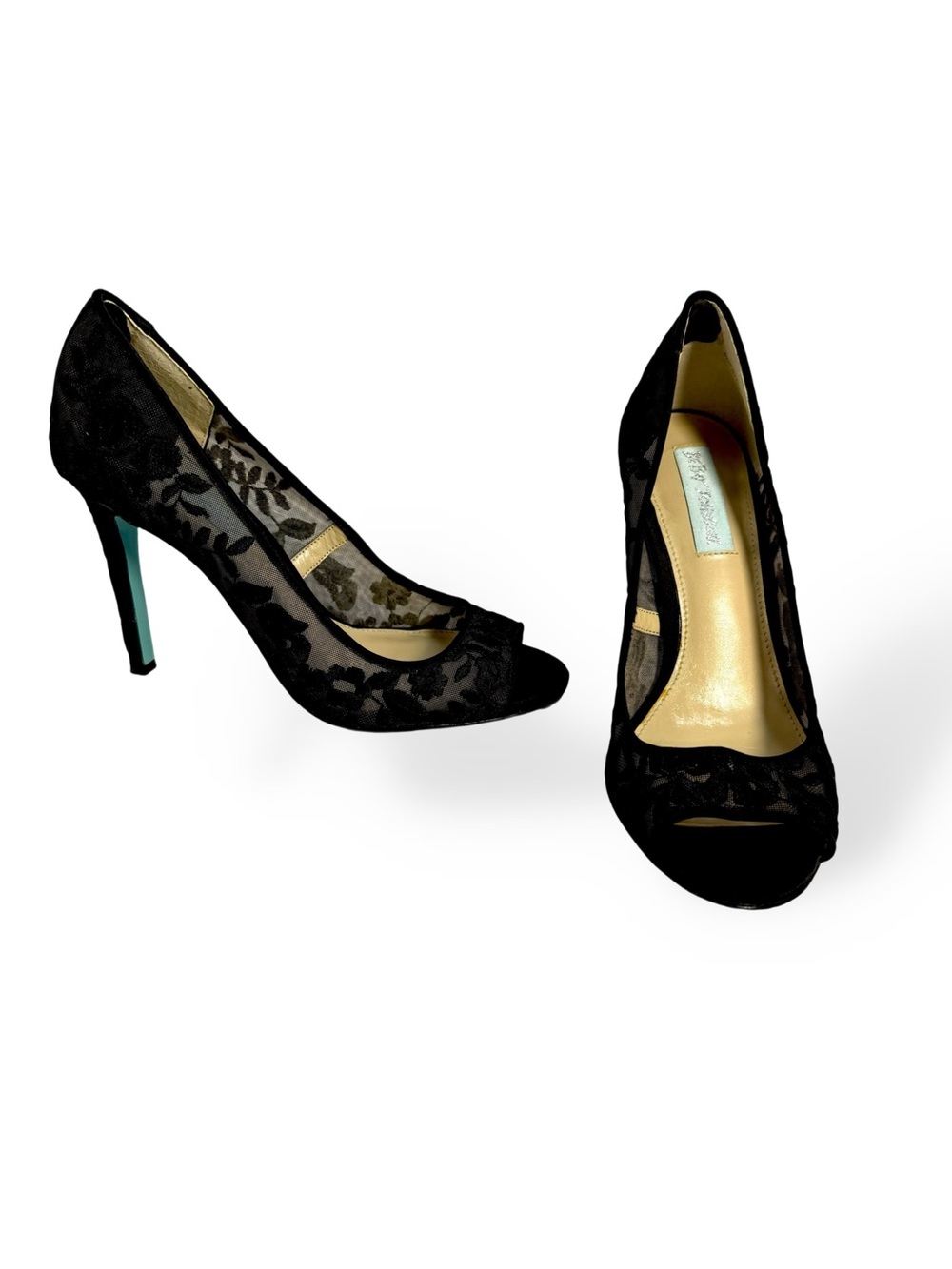Betsey Johnson Black Lace Peep-Toe Pumps with Teal Sole 7